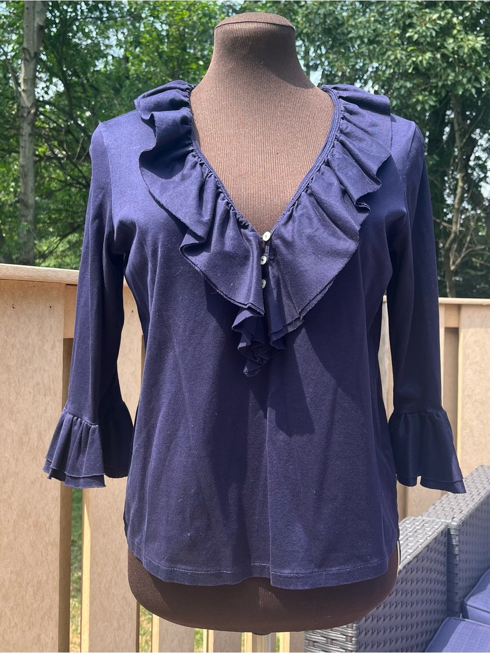 Lauren Ralph Lauren Women’s Navy Cotton 3/4 Sleeve Ruffled Top Size M